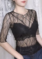 Beautiful Black O Neck Hollow Out Tulle Top Summer