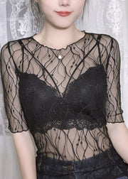 Beautiful Black O Neck Hollow Out Tulle Top Summer