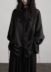Beautiful Black Peter Pan Collar Drawstring Patchwork Silk Blouses Fall
