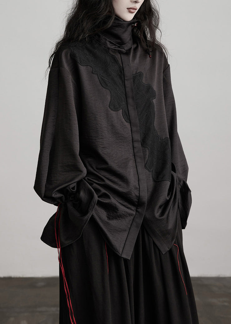 Beautiful Black Peter Pan Collar Drawstring Patchwork Silk Blouses Fall