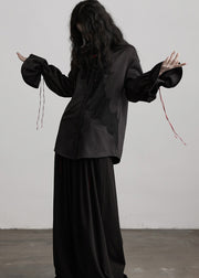 Beautiful Black Peter Pan Collar Drawstring Patchwork Silk Blouses Fall