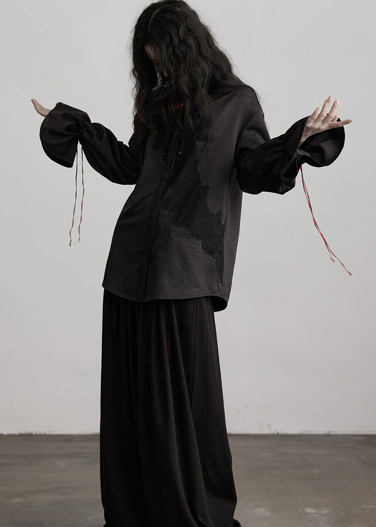 Beautiful Black Peter Pan Collar Drawstring Patchwork Silk Blouses Fall