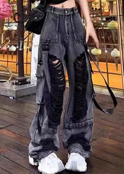 Beautiful Black Pockets Ripped Denim Pants Trousers Fall