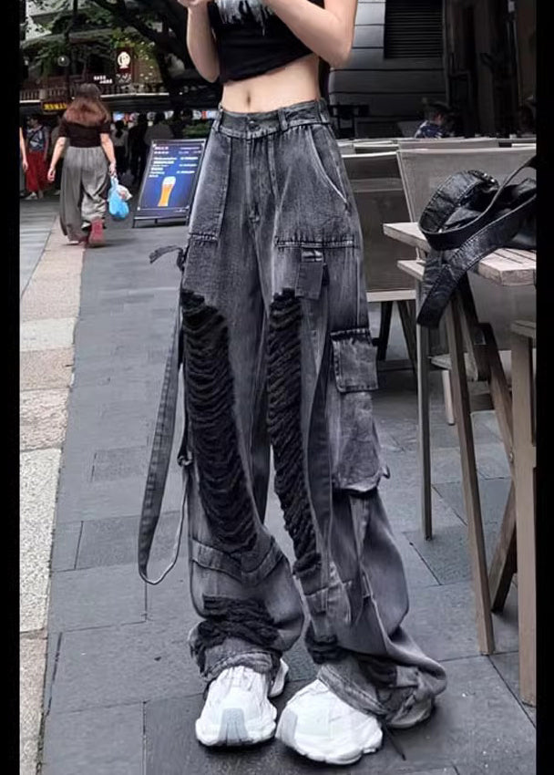 Beautiful Black Pockets Ripped Denim Pants Trousers Fall