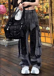 Beautiful Black Pockets Ripped Denim Pants Trousers Fall