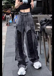 Beautiful Black Pockets Ripped Denim Pants Trousers Fall
