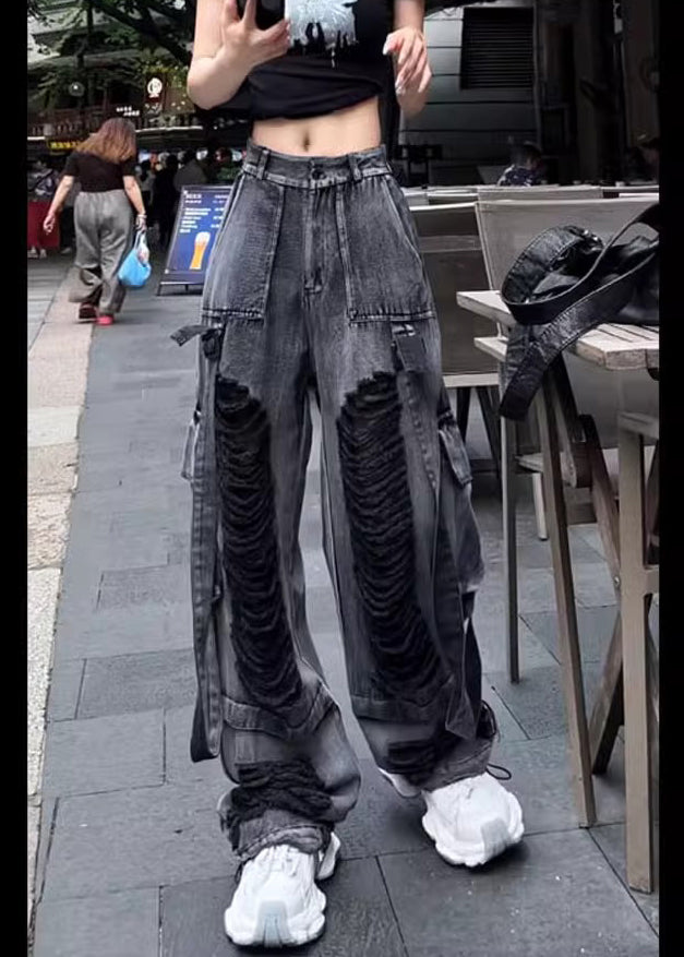 Beautiful Black Pockets Ripped Denim Pants Trousers Fall