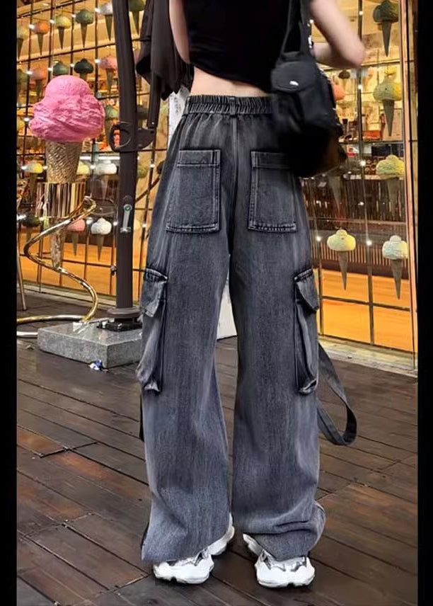 Beautiful Black Pockets Ripped Denim Pants Trousers Fall
