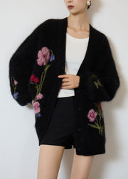 Beautiful Black V Neck Embroidered Knit Coat Fall