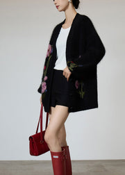 Beautiful Black V Neck Embroidered Knit Coat Fall