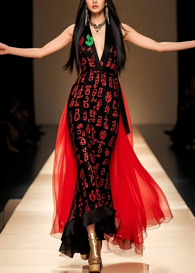 Beautiful Black V Neck Patchwork Chiffon Party Dress Summer