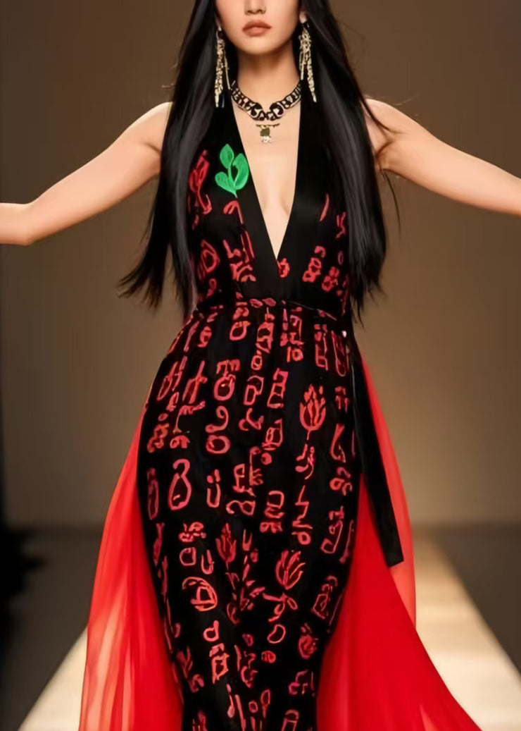 Beautiful Black V Neck Patchwork Chiffon Party Dress Summer