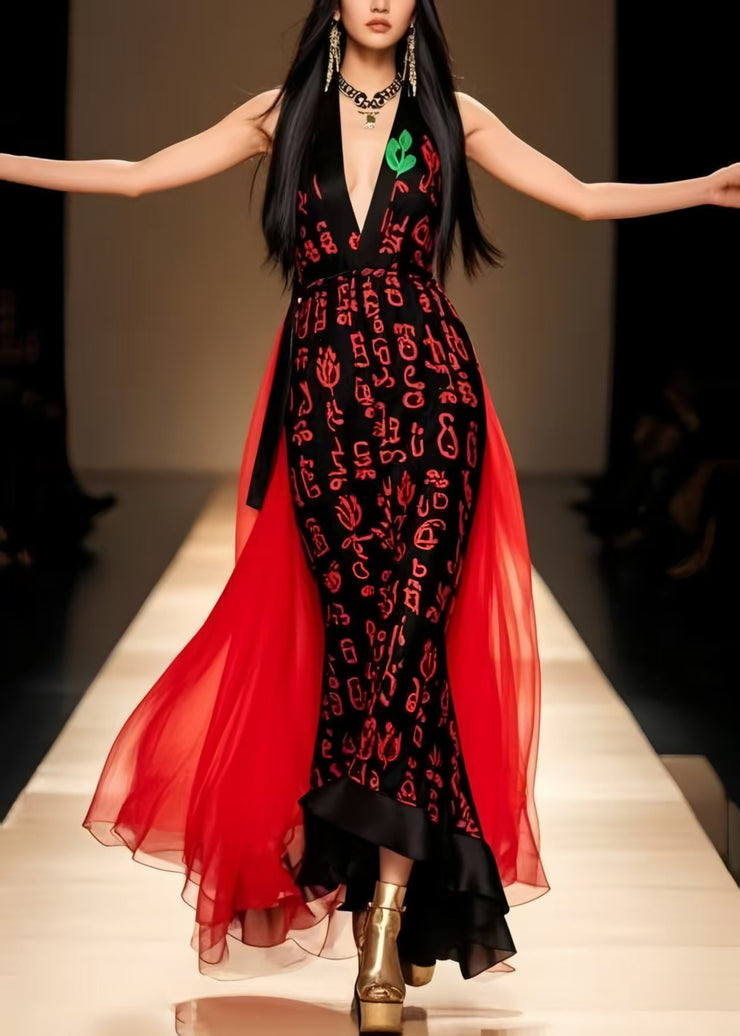 Beautiful Black V Neck Patchwork Chiffon Party Dress Summer