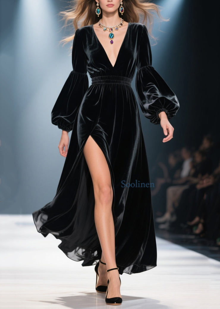 Beautiful Black V Neck Side Open Velvet Long Dress Fall
