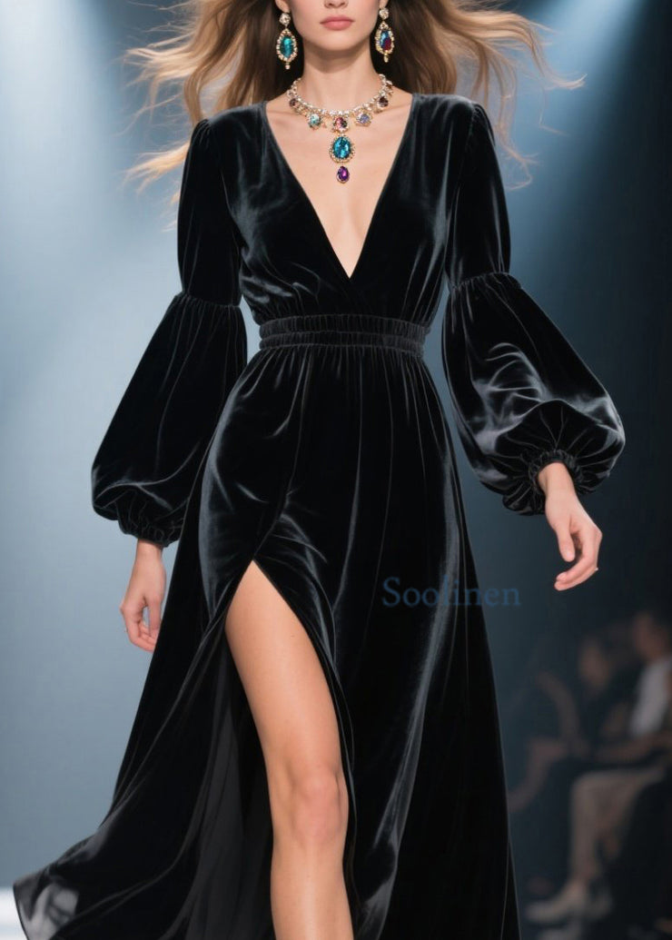 Beautiful Black V Neck Side Open Velvet Long Dress Fall