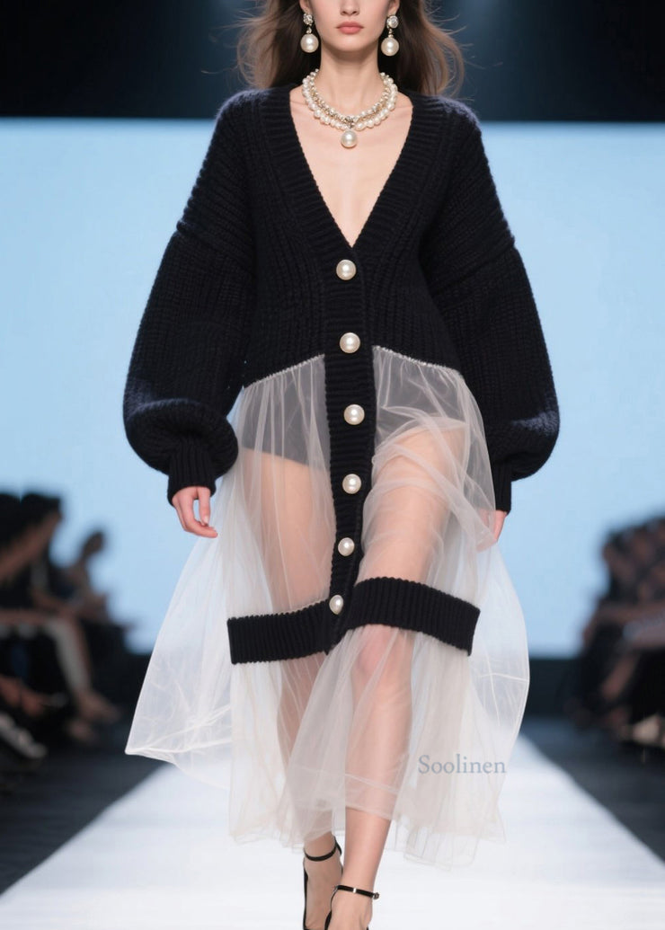 Beautiful Black V Neck Tulle Patchwork Knit Loose Coat Fall