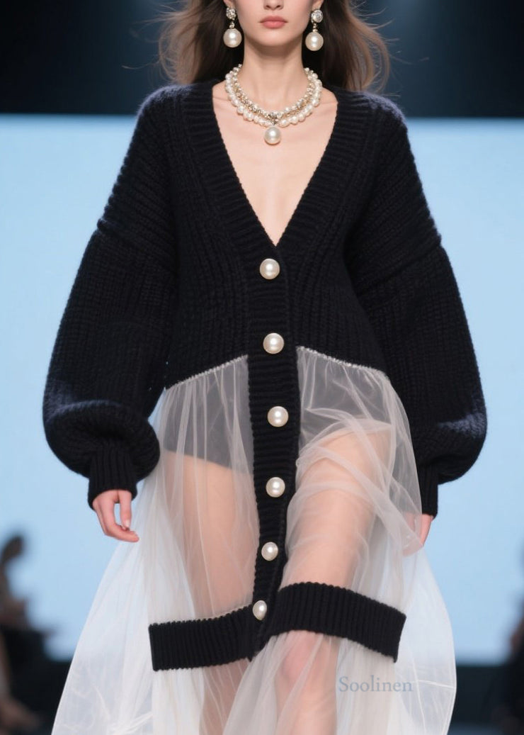Beautiful Black V Neck Tulle Patchwork Knit Loose Coat Fall
