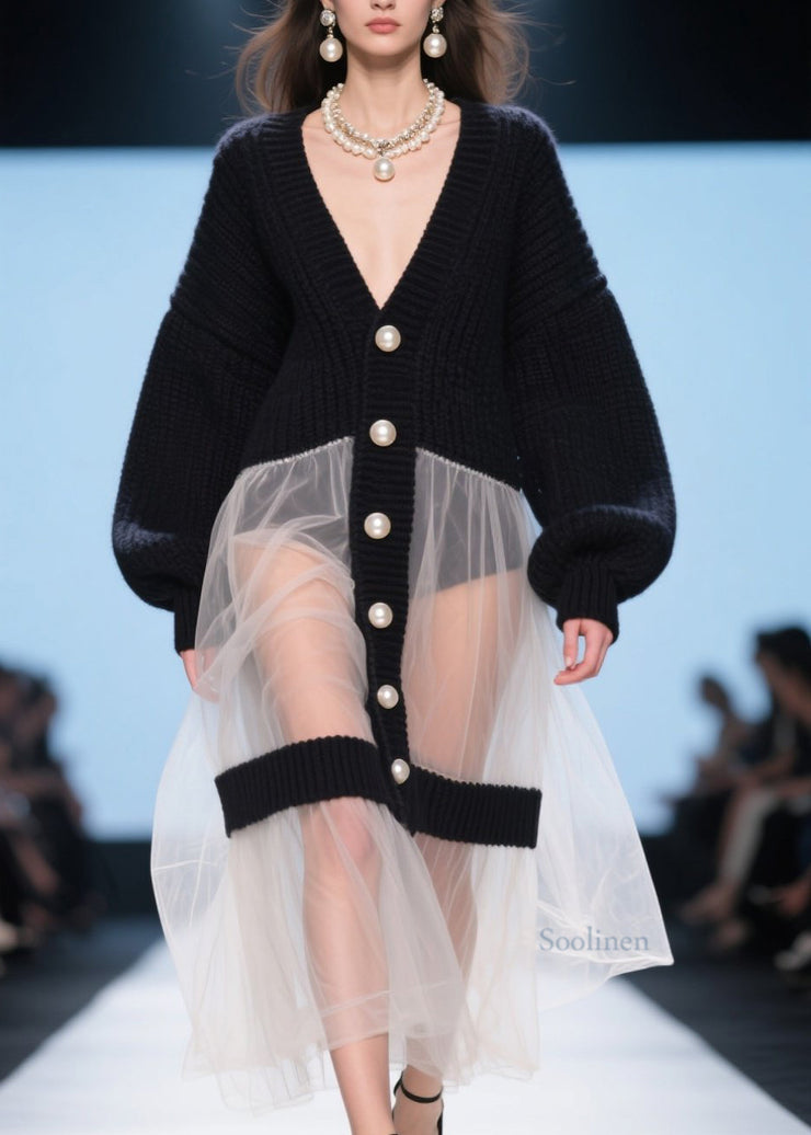 Beautiful Black V Neck Tulle Patchwork Knit Loose Coat Fall