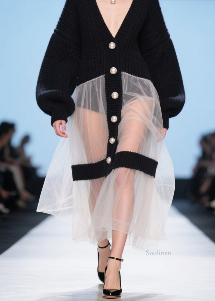 Beautiful Black V Neck Tulle Patchwork Knit Loose Coat Fall