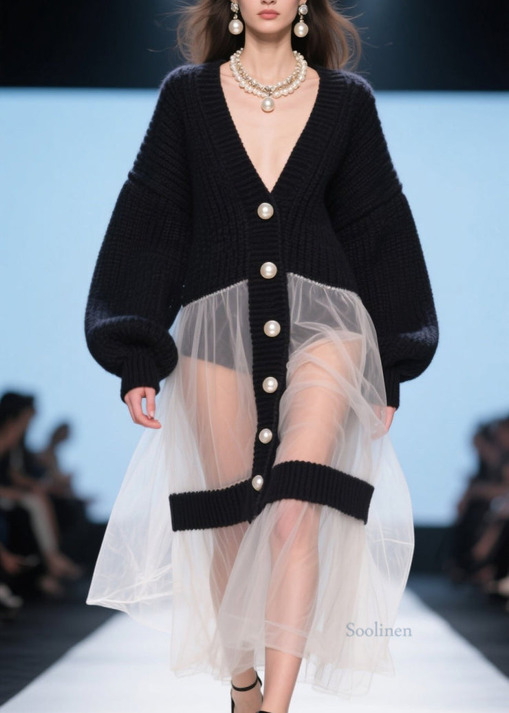 Beautiful Black V Neck Tulle Patchwork Knit Loose Coat Fall