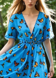 Beautiful Blue Butterfly Patchwork Lace Mid Dress Summer
