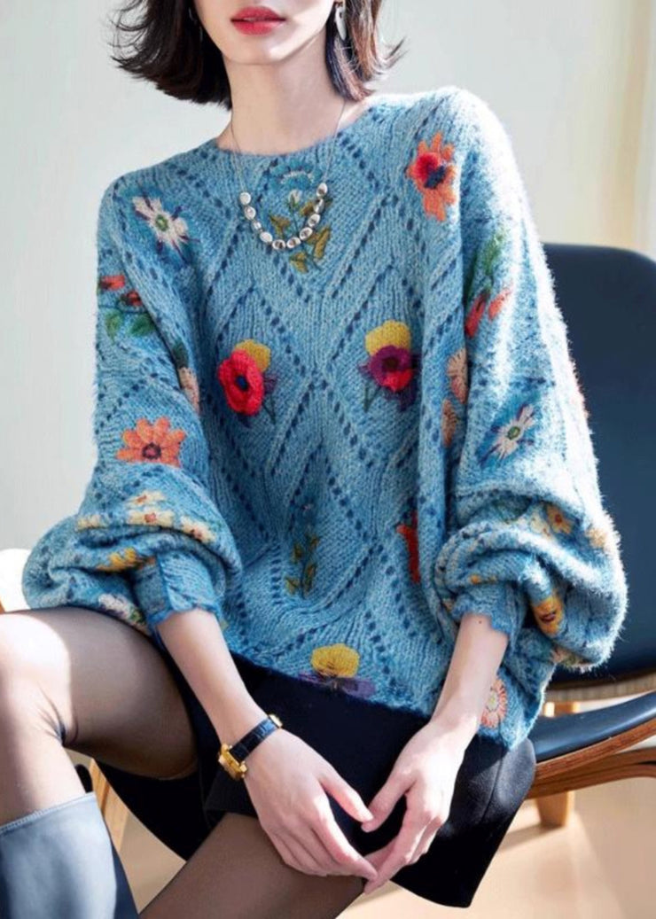 Beautiful Blue Floral Hollow Out Cotton Knit Sweater Tops Batwing Sleeve