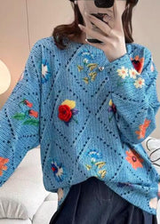 Beautiful Blue Floral Hollow Out Cotton Knit Sweater Tops Batwing Sleeve