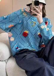 Beautiful Blue Floral Hollow Out Cotton Knit Sweater Tops Batwing Sleeve