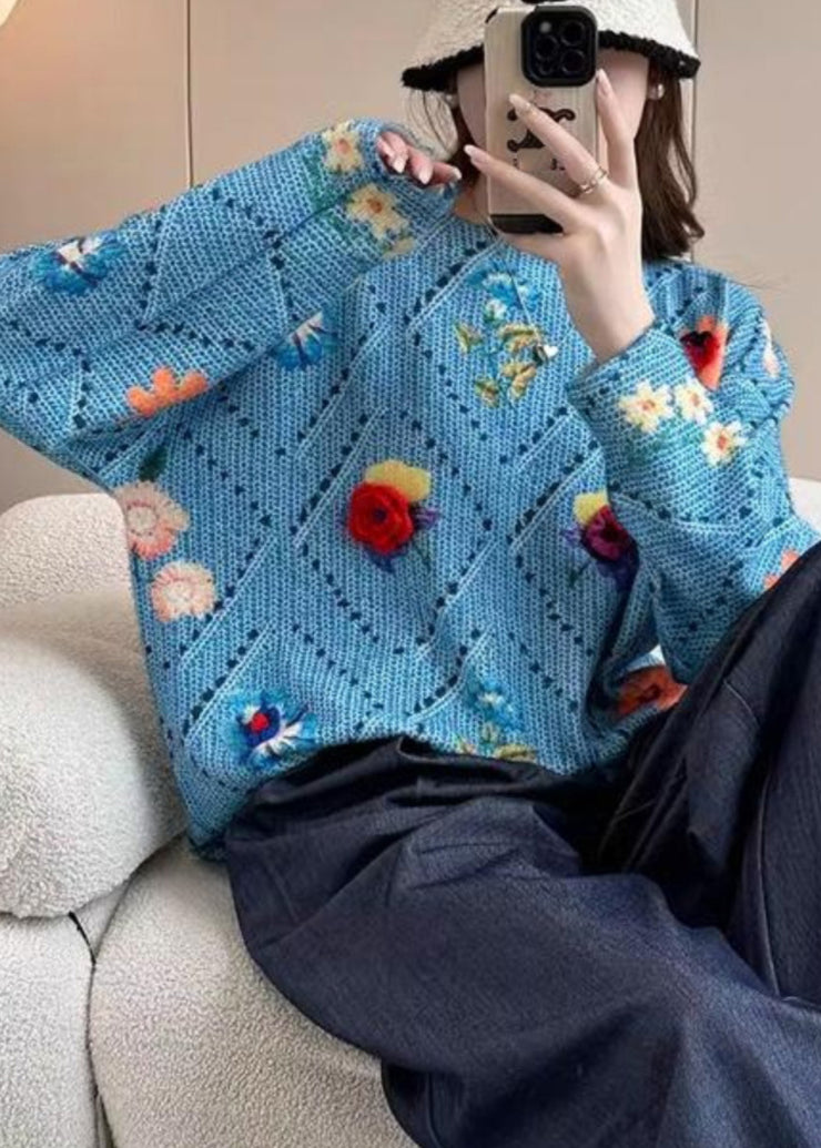 Beautiful Blue Floral Hollow Out Cotton Knit Sweater Tops Batwing Sleeve