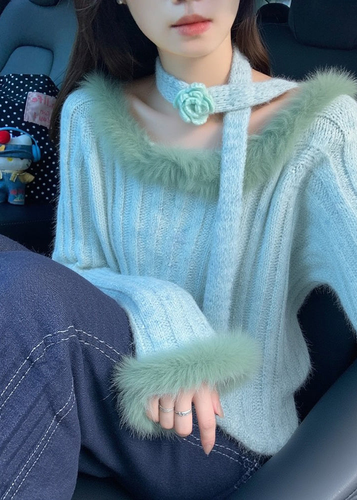 Beautiful Blue Fur Collar Floral Cozy Cotton Knit Sweaters Spring