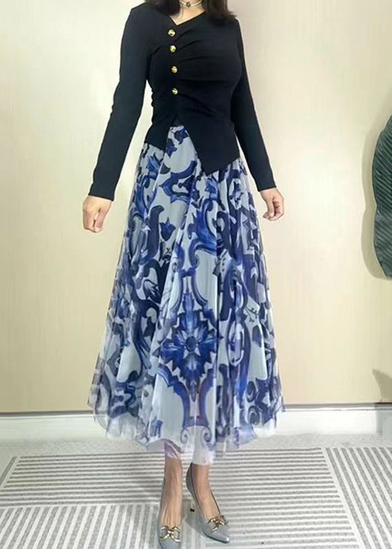 Beautiful Blue High Waist Print Wrinkled Tulle Skirt Spring