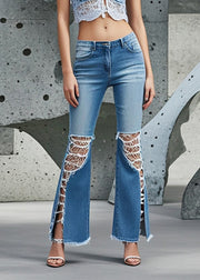 Beautiful Blue Hollow Out Denim Ripped Bell-bottom Trousers Spring