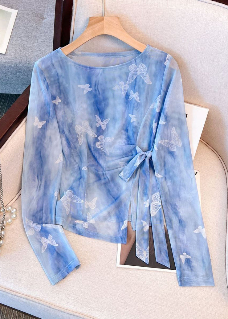 Beautiful Blue O Neck Butterfly Print Tulle T Shirt Fall