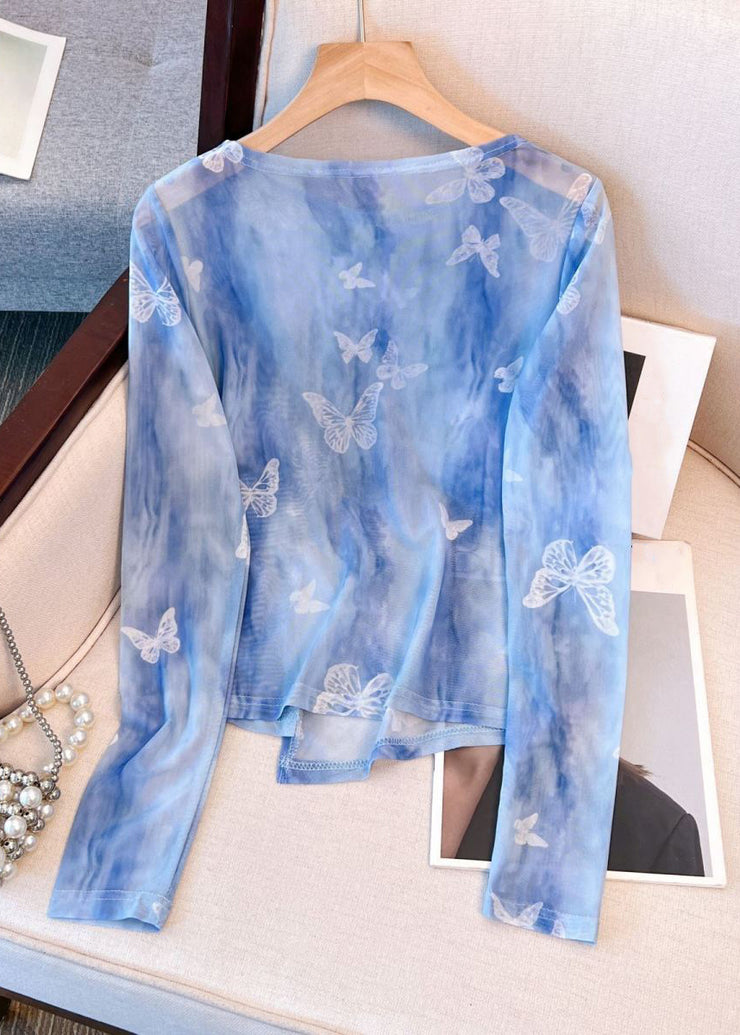 Beautiful Blue O Neck Butterfly Print Tulle T Shirt Fall
