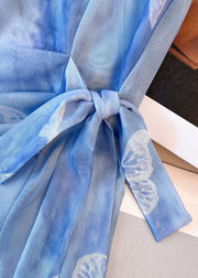 Beautiful Blue O Neck Butterfly Print Tulle T Shirt Fall