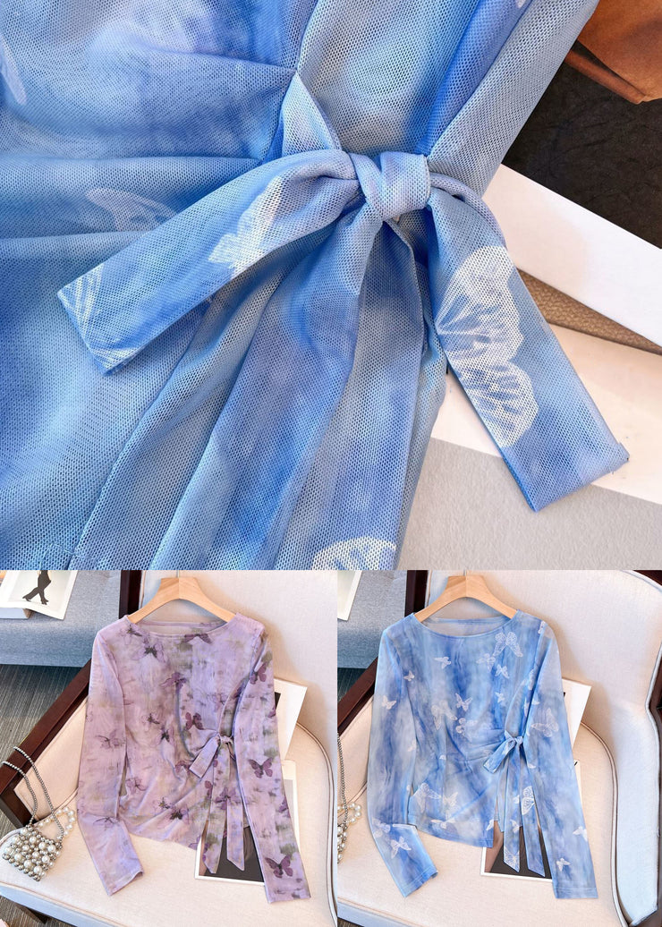 Beautiful Blue O Neck Butterfly Print Tulle T Shirt Fall