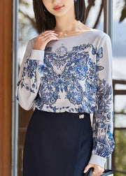 Beautiful Blue O-Neck Print Solid Shirt Fall