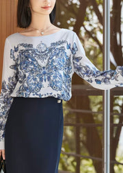 Beautiful Blue O-Neck Print Solid Shirt Fall