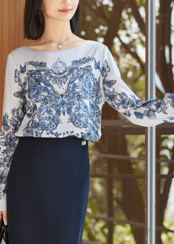 Beautiful Blue O-Neck Print Solid Shirt Fall