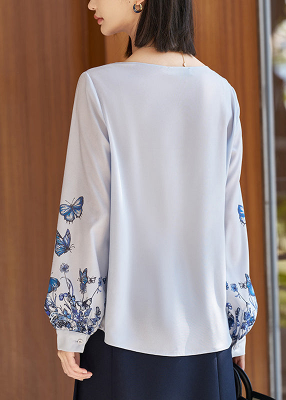 Beautiful Blue O-Neck Print Solid Shirt Fall