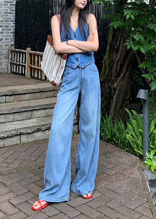 Beautiful Blue Pockets High Waist Denim Pants Fall