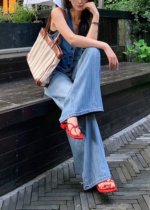 Beautiful Blue Pockets High Waist Denim Pants Fall
