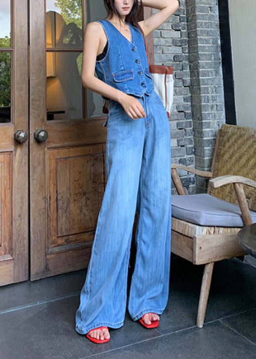 Beautiful Blue Pockets High Waist Denim Pants Fall