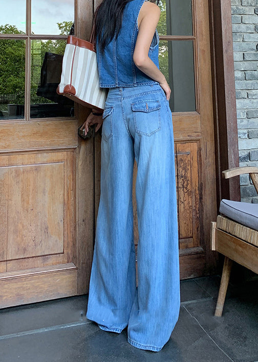 Beautiful Blue Pockets High Waist Denim Pants Fall