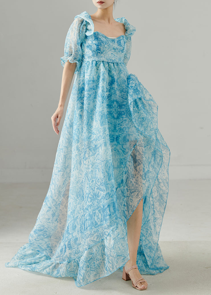 Beautiful Blue Print Chiffon Full Dress Exra Large Hem Summer