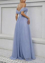 Beautiful Blue Slash Neck High Waist Tulle Maxi Dress Summer