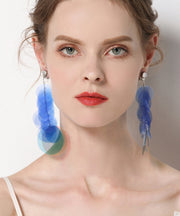 Beautiful Blue Stainless Steel Round Sequin Tassel Drop Earrings