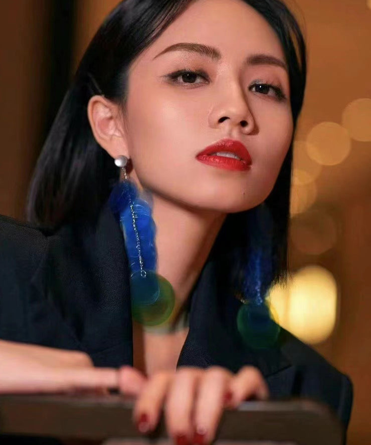 Beautiful Blue Stainless Steel Round Sequin Tassel Drop Earrings