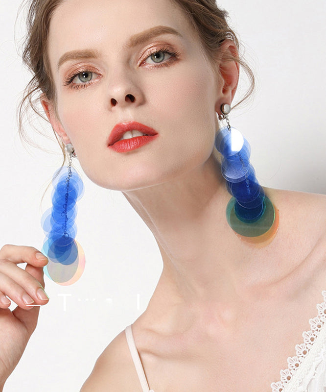 Beautiful Blue Stainless Steel Round Sequin Tassel Drop Earrings