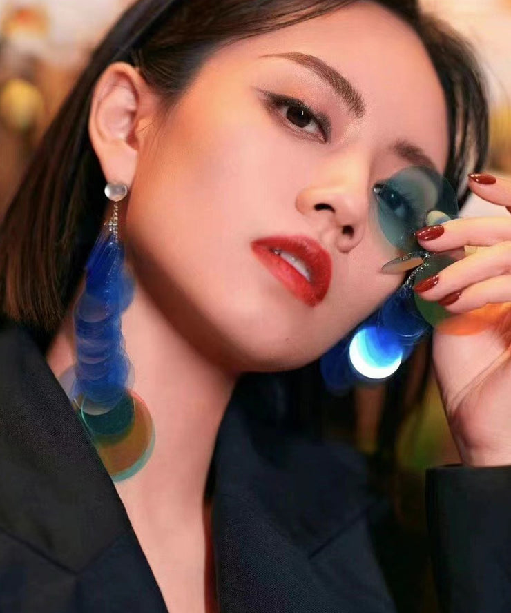Beautiful Blue Stainless Steel Round Sequin Tassel Drop Earrings